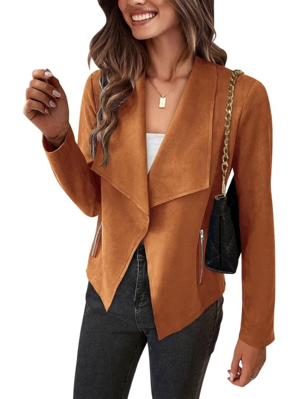 Women's Brown Faux Suede Open Front Waterfall Collar Long Sleeve Draped Jacket